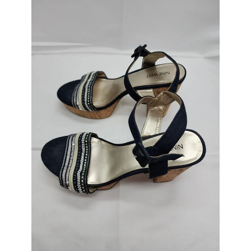 Nine West Womens Platform Sandal Block Heel Denim Open Toe Black Beige Size 8.5